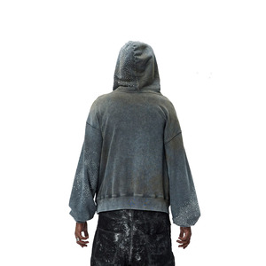 Sudadera con capucha con cremallera Vintage desgastada de alta calidad con diamantes ostentosos para hombre, sudaderas con capucha con cremallera desgastada con diamantes de imitación - Product Image 2