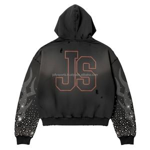 Sudadera con capucha y cremallera de invierno de primera calidad 380 GSM tela de lana color negro diamantes de imitación mangas de llama logotipo personalizado bordado básico Sudadera con capucha - Product Image 2
