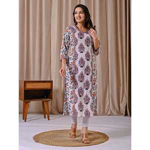 White Cotton Straight Fit Kurti Butta Block Print Ethnic Indian <b>Dress</b> for Women Pakistani Styled Saree Salwar Kameez Stitched - Product Image 5