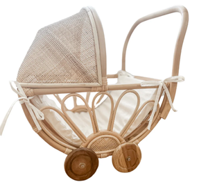 Vintage Handwoven Wicker Baby Doll Pram <b>Trolley</b> Natural Rattan Push Cart with Canopy and Wooden <b>Wheels</b> for Kid Made in Vietnam - Product Image 2