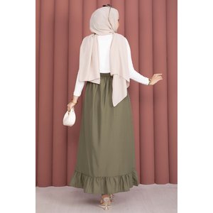 Khaki Straight Midi <b>Skirt</b> with <b>Elastic</b> Waist & Ruffle Details Soft Breathable Spandex Fabric Digital Print Plain Style - Product Image 4