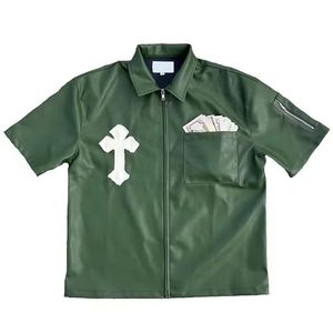 เสื้อเชิ๊ตหนังแขนสั้นสำหรับผู้ชายเสื้อฮิปฮอปโอเวอร์ไซส์งานปักผ้าปะติดแบบกำหนดเอง - Product Image 3