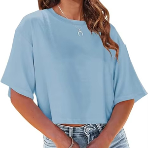 Camisetas recortadas de media manga para mujer, con cuello redondo Camiseta corta y hombros caídos, camiseta informal de verano de Color sólido con logotipo personalizado para hombre - Product Image 1