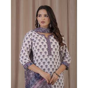 Hand <b>Block</b> <b>Printed</b> White Grey Cotton Kurta Pant Set Ethnic Pakistani-Indian Style Net Fabric for Special Occasions Parties - Product Image 1