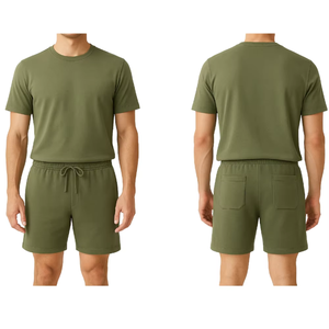 Ensemble décontracté d'été pour homme, t-shirt en coton vert olive à col rond et short, couleur unie, tissu tricoté respirant - Product Image 3