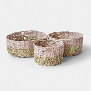 Nouveau produit deux tons naturel couleur rose pastel rond jonc de mer paniers de rangement tissés à la main personnalisé décoration intérieure de la maison - Product Image 1