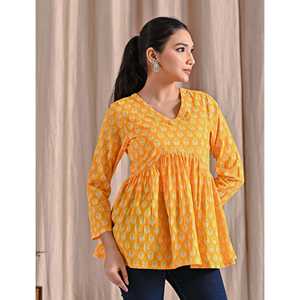 Yellow Jaipuri Chic Top Asymmetrical Collar Stand Collar Embroidered Decoration Women's Poplin <b>Silk</b> Peplum XL for Office Wear - Product Image 3