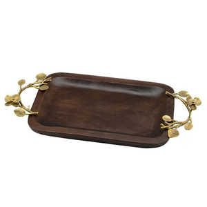 Plateau de service en bois brun mat artisanal, best-seller, avec des poignées en métal à motif de feuille, pour les fournitures de fête, plateau de service pour les collations - Product Image 1