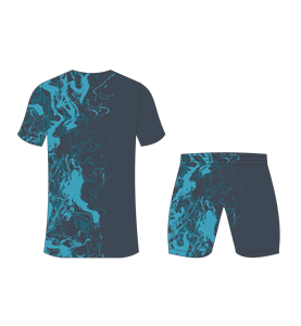 Custom sublimated soccer uniform <b>set</b> for men with dark charcoal and cyan <b>paint</b> splatter print jersey and matching shorts - Product Image 3