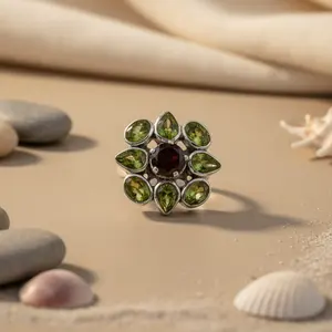 Anillo de Plata de Ley 925 con Piedras Preciosas para Mujer, Incrustaciones de Peridoto e Iolita, Abrible y Ajustable, Regalo Perfecto - Product Image 2