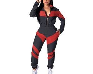 Stand Collar Color Block Stripe <b>Zip</b> <b>up</b> Long Sleeve <b>Cropped</b> Jacket and Pant 2-Piece Women's Outfit Sporty Windbreaker Tracksuit - Product Image 2