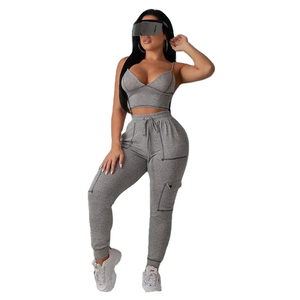 Pantalones Jogger Cargo Grises de Cintura Alta para Mujer con Cierre de Cordón y Bolsillos, Pantalones Casuales de Longitud Completa en Mezcla de Algodón y Spandex - Product Image 1