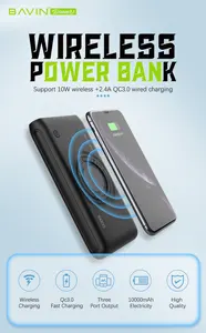Bavin powerbank 10000 mah carregamento rápido, sem fio, porta usb 10000 mah, banco de energia para telefone pc095