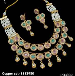 Oval Shape Beautiful Elegant Kundan Studded & Pearl Studded Dangle Gold Plated Copper <b>Wedding</b> <b>Jewellery</b> With Earrings Womens - Product Image 4