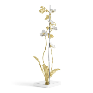 Elegante Escultura Moderna de Flor de Orquídea en Oro y Plata, Arte Floral Decorativo en Metal sobre Base de Mármol para Decoración de Interiores de Lujo - Product Image 3