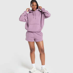 Logo personnalisé 100% jersey polaire de coton poids lourd pour femmes 2 pièces sweat à capuche et short de survêtement ensemble sweats à capuche - Product Image 2