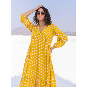 Robe longue vintage jaune à pois en modal - Style décontracté d'été à taille empire - Product Image 5
