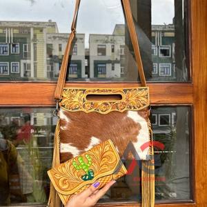 New Western Handcrafted Tooled Hair on Hide Fur <b>Leather</b> Handbag and Embossed Floral Tooled <b>Leather</b> Clutch Hot Selling Combo Set - Product Image 1