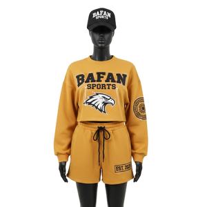 Ensemble sweat-shirt et short pour femme 100% coton de haute qualité, tissu molletonné chaud et doux, couleur moutarde, logo, ensembles pour femmes - Product Image 1