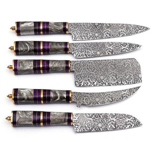 ชุดมีดทำครัวเหล็กดามัสกัส5ชิ้นทำด้วยมือพร้อมปลอกหนังแท้รวมถึงมีดเชฟสเต็กขนมปังมีดผลไม้ - Product Image 3