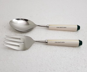 White Resin with Brass Inlay Handle Stainless Steel with Silver Finished Mixing & Cooking Salad Flat Server or <b>Serving</b> <b>Spoons</b> - Product Image 5