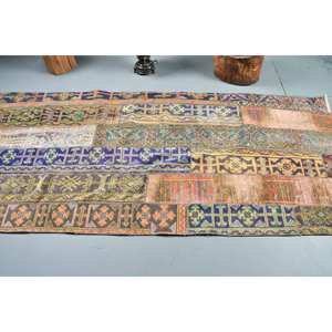 Alfombra turca azul vintage de 3,5x7,6 pies, Alfombra de lana Bohemia hecha a mano con respaldo de látex para cabecera, patrón de retazos Rectangular - Product Image 3