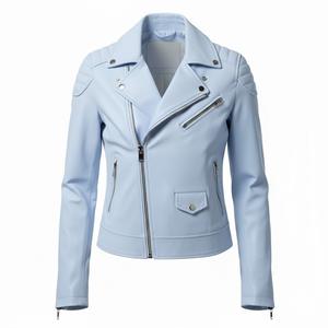 Veste en cuir bleu clair pour femme, style moto, fabrication directe d'usine, vente en gros personnalisée, quantité en vrac, cuir véritable, veste de motard OEM - Product Image 2
