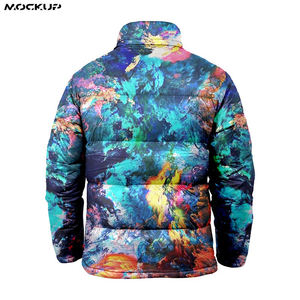 Chaqueta acolchada deportiva ligera con estampado de sublimación completa para hombre, chaqueta acolchada con logotipo frontal y cuello levantado - Product Image 4