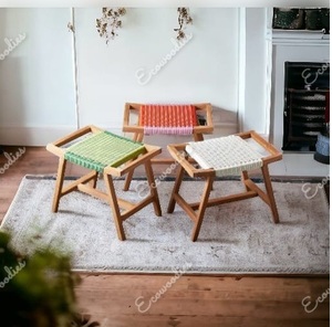 Charme scandinave. Tabouret en bois de teck massif fabriqué avec finition mate en mélamine Tabouret tissé Hasthshilpa pour console d'incrustation d'os d'événement - Product Image 1