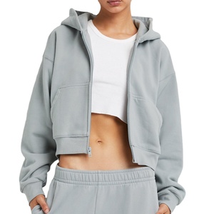ODM Factory Cozy Embroidered Cotton Fleece Autumn/Winter/Spring Women's <b>Crop</b> <b>Top</b> Oversized Full Zip up Hoodie Sweatshirt - Product Image 3