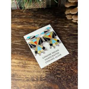 Zuni Made <b>Sterling</b> <b>Silver</b> Multi Stone Inlay Thunderbird <b>Stud</b> <b>Earrings</b> - Product Image 3