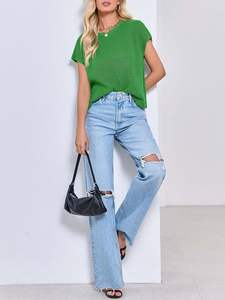 Tops cortos de manga larga para mujer para verano, diseño de cuello redondo, ajuste relajado, suéter recortado de punto suelto, chaleco, camiseta sin mangas, comodidad elegante - Product Image 4