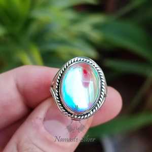 925 Sterling Silver Aurora <b>Quartz</b> <b>Ring</b> Handmade Cut Crystal <b>Ring</b> with Oval Shape Inspired Mercury Aurora Borealis Promise <b>Ring</b> - Product Image 4