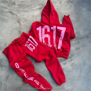 Trajes de chándal de algodón con peso pesado personalizados lavado con ácido sol desteñido estampado de pantalla sudaderas con cremallera Pantalones anchos conjunto de 2 piezas para hombre - Product Image 4