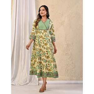 Vestido Largo Estampado de Algodón Crema Pista - Estilo Casual, Transpirable, Talla Única para Oficina, Trabajo, Fiestas de Cumpleaños, Suministro ODM - Product Image 4
