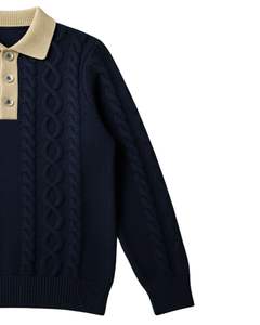 Pull Polo Homme Personnalisé en Maille Câblée à Manches Longues, Col Boutonné Contrastant, Pull d'Hiver en Bleu Marine - Product Image 3