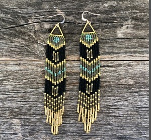 Triangle Fringe Tassels - Olives, <b>Turquoise</b>, Black and Golds - Handwoven Beaded Seed Bead <b>Earrings</b> - Product Image 1