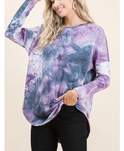 Camiseta de manga larga con cuello redondo estilo informal transpirable azul vaquero con aberturas laterales y hombros descubiertos para mujer, suministro al por mayor - Product Image 3