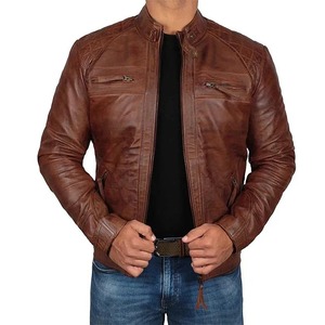 Chaqueta de motocicleta impermeable a prueba de viento con cuello vuelto ajustada de lona de cuero genuino para hombre a la moda con cremallera diagonal - Product Image 2