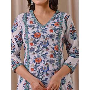 White Cotton Straight Fit Kurti Jaal <b>Block</b> <b>Printed</b> Indian Ethnic Wear for Girls Stitched Gown for Special Occasions - Product Image 2