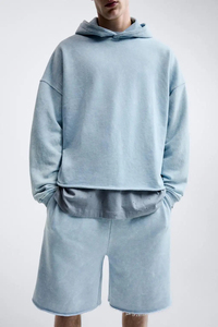 Vintage lavage à capuche hommes 100% coton surdimensionné goutte épaule ourlet brut recadrée Streetwear pull à capuche pour hommes - Product Image 5