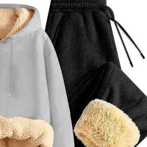 Grey Fleece <b>Hoodie</b> With <b>Black</b> Jogger Winter Tracksuit Set Unisex Warm Sherpa Lined Casual Sportswear OEM Wholesale - Product Image 4