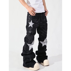 Pantalones Vaqueros Anchos de Mezclilla Negros de Moda para Hombre al por Mayor, Pantalones Holgados de Pierna Ancha con Cristales de Diamantes de Imitación y Estrellas, Ropa Casual de Calle para Otoño - Product Image 5