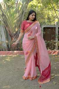 Sari indien prêt-à-porter en géorgette lourde avec bordure à sequins, tenue ethnique pour fêtes et événements, vente en gros - Product Image 5