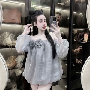 Robe courte élégante en forme de citrouille avec épaules dénudées et manches longues, style doux, motif solide pour des courbes gracieuses - Product Image 6