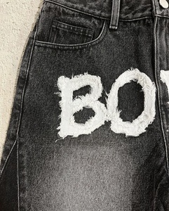 Distressing Hem <b>Black</b> Washed Denim Sorts Unisex Stone Faded Applique Patch Embroidery Customize Denim <b>Shorts</b> for <b>Men</b> - Product Image 2