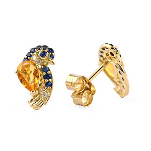 Pendientes de tuerca de oro sólido de 18 quilates para mujer, Diamante Natural, zafiro azul con citrino, pájaro, colgante fino, regalo de fiesta de boda - Product Image 2