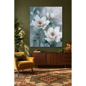 Impression sur toile de magnolias blancs Fida sur fond vert pastel - Product Image 1