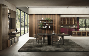 Ensemble de meubles de cuisine modulaires de luxe en verre rouge cramoisi, fabriqués sur mesure à 100 % en Italie, avec grand rangement en verre LED et îlot de cuisine - Product Image 3