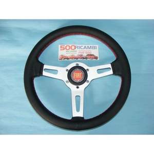 FIAT 500 126 Panda Volante Sportivo EPOCA Leather 32cm CLACSON Fiat <b>Car</b> <b>Steering</b> <b>Wheel</b> in Nero with Red Cuciture - Product Image 1